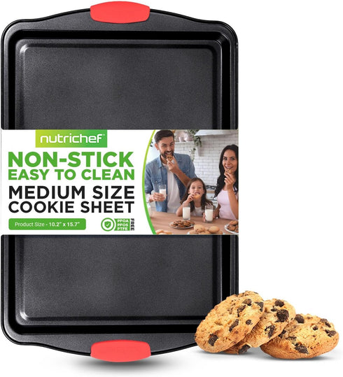 NutriChef Kitchen 15” Non Stick Cookie Sheet, Medium Gray Carbon Metal Bakeware with Red Handles
