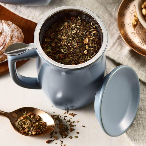 14 oz Tea Forte Ceramic Fiore Cup with Handle, Removeable Stainless Steel Infuser Basket and Lid, Steeps Loose Leaf