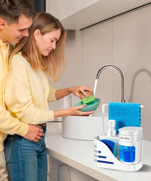 Set, 4-in-1 Kitchen Soap Dispenser Dual Hand and Dish Soap Dispenser with Sponge Holder and Dishcloth Holder