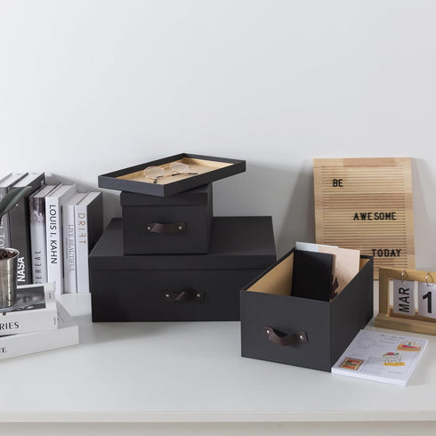 Soul & Lane Dark Gray Decorative Storage Boxes with Lids - Set of 3 Sturdy Cardboard Organizers for Home