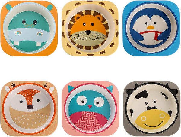 ZEAYEA 6 Pack Bamboo Kids Bowls, 10 Oz Durable Cartoon Bowls, BPA Free Square Dinner Tableware for Soup, Cereal, Pasta