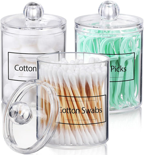 AOZITA 3 Pack Qtip Holder Dispenser, Clear Plastic Apothecary Jar Set for Cotton Ball, Swab, Floss Storage