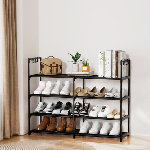 DYJIEKAI 2 4 16-20 Closet, Rows Tier Shoe Rack, Black Metal Stackable Shoe Shelf with Multifunctional Hooks, Hold