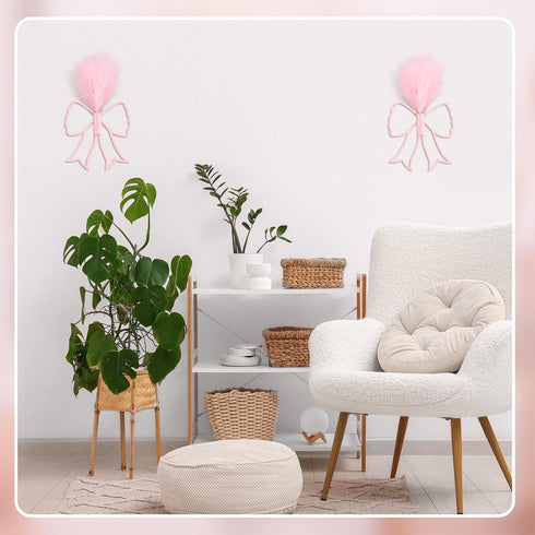 2 Weysat Pcs Pink Bow Wall Decor Boho Nursery Metal Decoration with Artificial Pampas Wall Art Hanging Planters