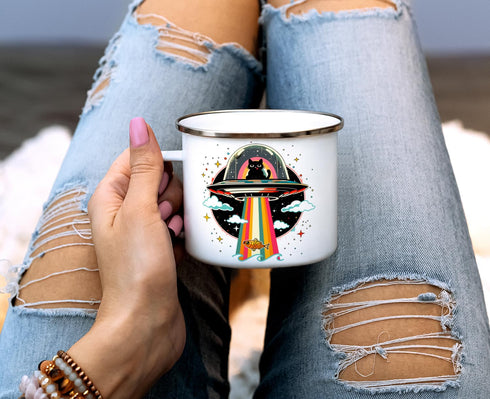 Retro UFO Cat Fish Abduction Enamel Campfire Mug - Fun Outdoor Camping Coffee Cup (16oz)