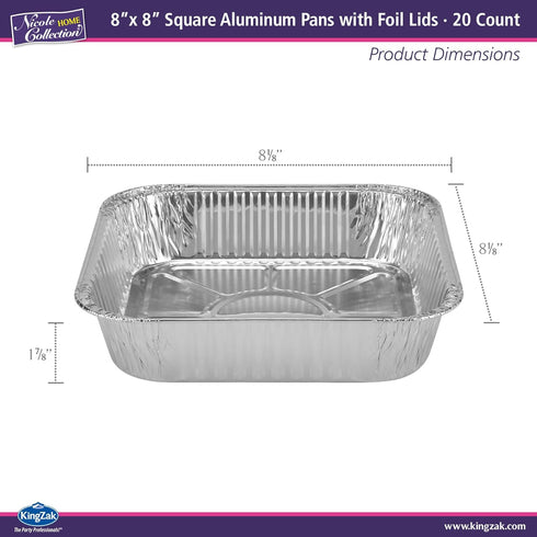 Nicole Home Collection 8x8 Aluminum Pans (20 Pack), Disposable Foil Cake Pans for Baking, Cooking, Heating