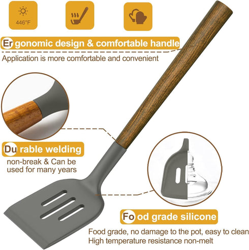 Umite Chef Silicone Cooking Utensil Set, 8-Piece Kitchen Gadgets with Acacia Wooden Handles, Grey