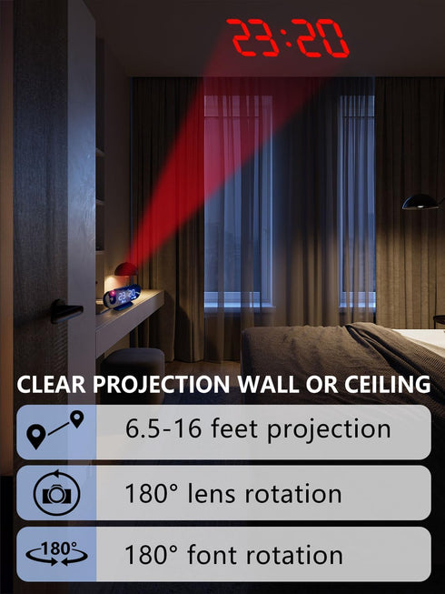 Projection Alarm Clock 2024 with 180° Rotatable Projector for Bedroom Ceiling, Clear LED Display and USB Charger
