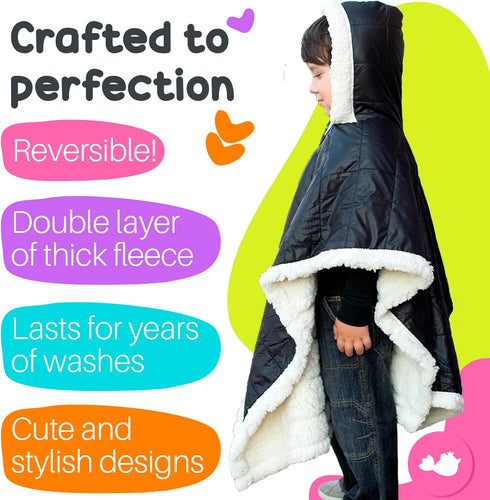 Birdy Boutique Car Seat Poncho for Kids, Reversible Warm Blanket, Safe Over Seat Belts, Black, One Size