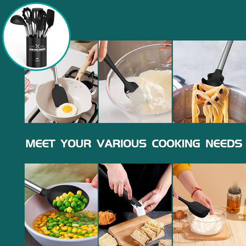 Silicone Cooking Utensil Set, Umite Chef 15pcs Non-stick Kitchen Utensils Set, Best Cookware with Stainless Steel