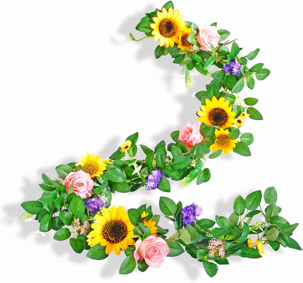 Naidiler Artificial Flower Garland, Sunflower & Rose Vines, Boho Wedding & Birthday Decor, 6ft Straight, Pink & Yellow