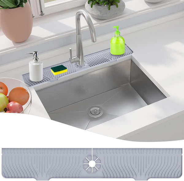 Longer Sink Splash Guard Mat, 33 inch Silicone Faucet Handle Drip Catcher Tray for Kitchen Bathroom Countertop (Grey)