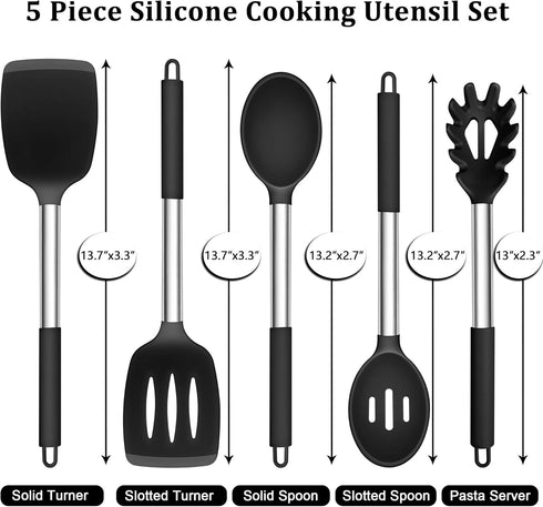 TeamFar Cooking Utensils Set, 5 PCS Silicone Kitchen Utensils with Stainless Steel Handle, for Nonstick Cookware Flipping Frying Turning Draining, Heatproof & Healthy, Nonstick & Easy Clean, Black by TeamFar