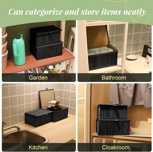 Wicker Basket with Lid, Bamboo Storage Box for Shelf, Decorative Rectangle Basket with Lid Organizer for Bedroom,