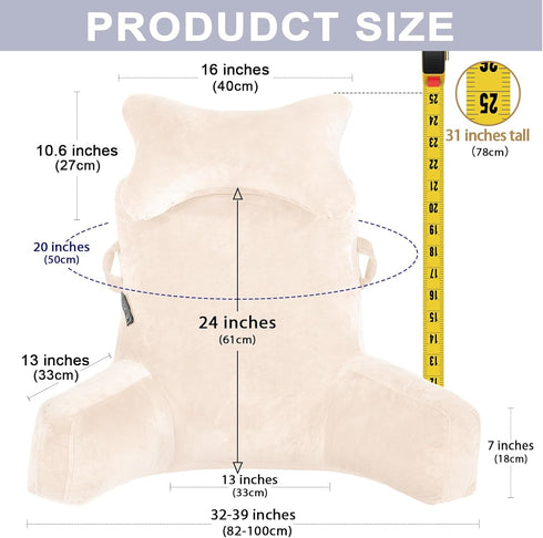 31" Reading Pillow-Extra Large Bed Rest Pillow with Detachable Neck Roll & Arms for Sitting in Bed or Couch-Backrest