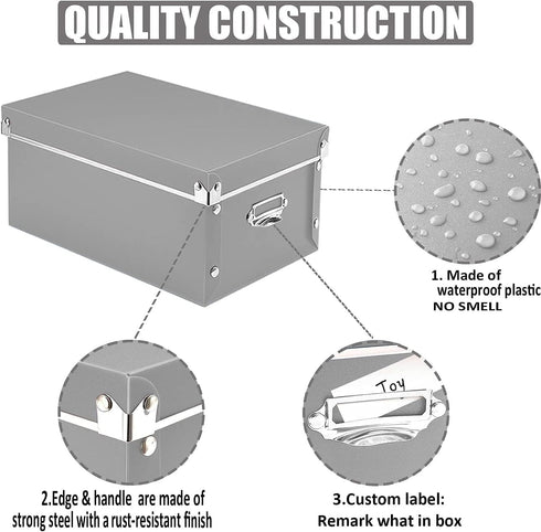 Foldable Storage Baskets, 3 Piece Waterproof Plastic Box with Lid for Toys/Shoes, Multiple Sizes, Grey