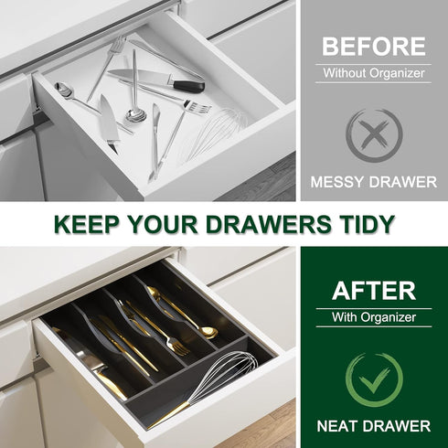 Bellsal Black Utensil Organizer, 10 Inch Silverware Tray for Drawer, Cutlery Organizer with 5 Compartment Small Narrow