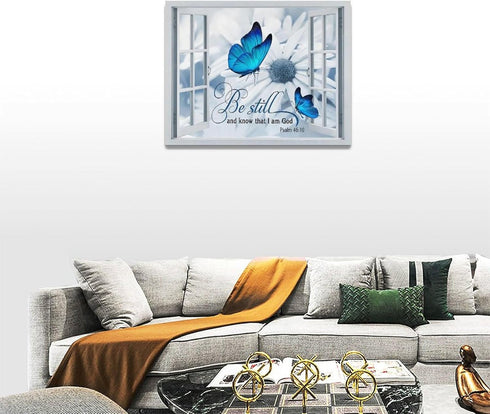 Farmhouse Blue Butterfly Flower Decor - Rustic Country Wall Art, Canvas Painting Prints for Bathroom