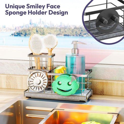 Countertop, SWTYMIKI Kitchen Sink Caddy Organizer, Smiley Face Sponge Holder for Kitchen Sink, Instant Drying Sponge