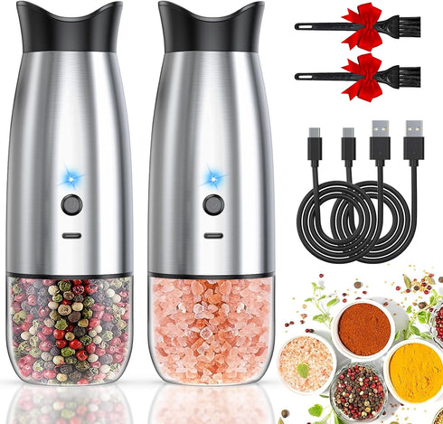Gravity Electric Salt and Pepper Grinder Set, USB Rechargeable, Automatic Mill Grinder with Adjustable Coarseness