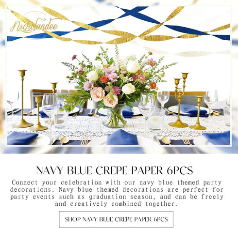 NICROLANDEE Navy Blue Party Decorations - 6 Rolls of Navy Blue Gold Ivory Crepe Paper Streamers for Wedding Birthday