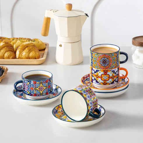 8 Oz Set 4,Bohemian Cafe-03 vancasso Stackable Espresso Cups with Saucers and Metal Stand of Ceramic Cappuccino Cups
