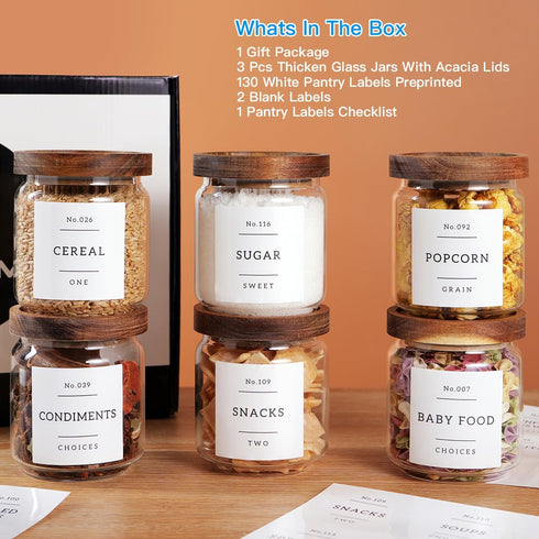 6 Set 15oz 132 Glass Pantry Storage Jars with Acacia Airtight Lid - Thicken Glass Kitchen Canisters with Pantry Labels