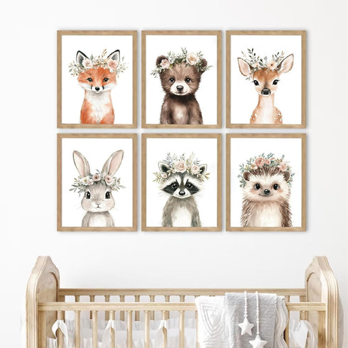 Baccone 8x10x6 Inch Woodland Animal Nursery Wall Art Decor Baby Girl Room Pictures Floral Crown Animal Canvas Wall Art
