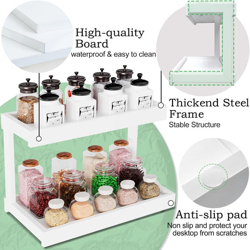 MARTY 2 Tier Spice Rack Organizer for Countertop, 15.8''L White Desktop Storage Organizer for Kitchen, Bathroom,