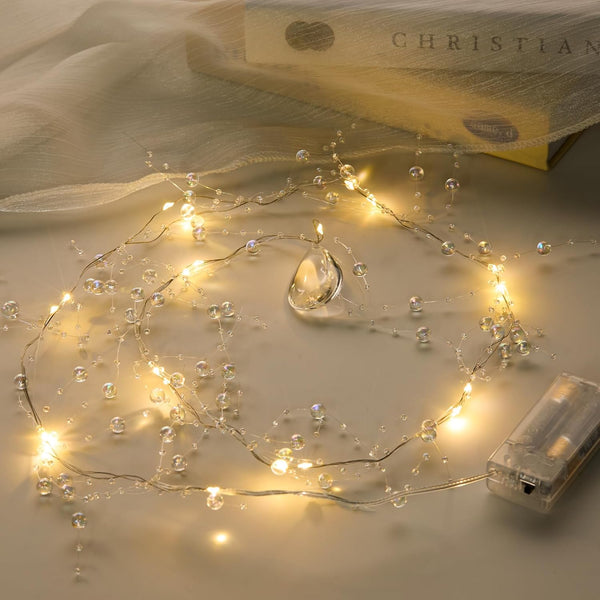 Iridescent Bead String with Fairy Lights Battery Operated, 3-8mm Artificial Crystal Beads