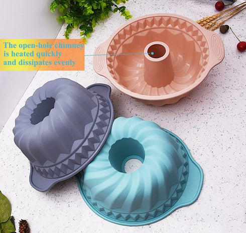 2 PCS 9.5 Inch Silicone Cake Pans, Non-stick Fluted Cake Molds with Sturdy Handle, Blue