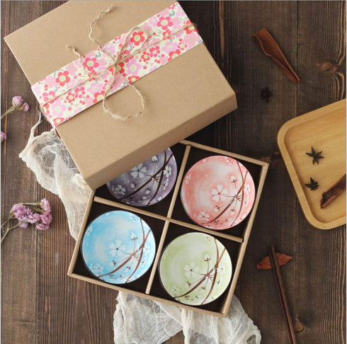 Set of 4 Mose Cafolo Japanese Style Ceramic Rice Bowls, Assorted Designs with Phum Flowers, Gift Box