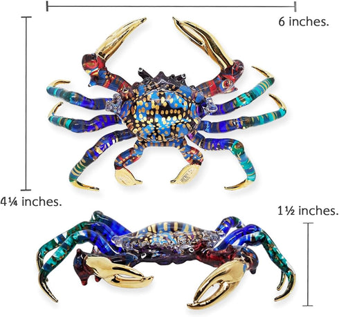 6" WitnyStore Small Long Blue Red Gold Dotted Crab Figurine - Miniature Hand Blown Painted Glass Crabs Crustacean