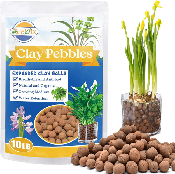 ZeeDix 10LBS Lightweight Expanded Clay Pebbles - pH-Balanced Hydroponic Growing Media for
