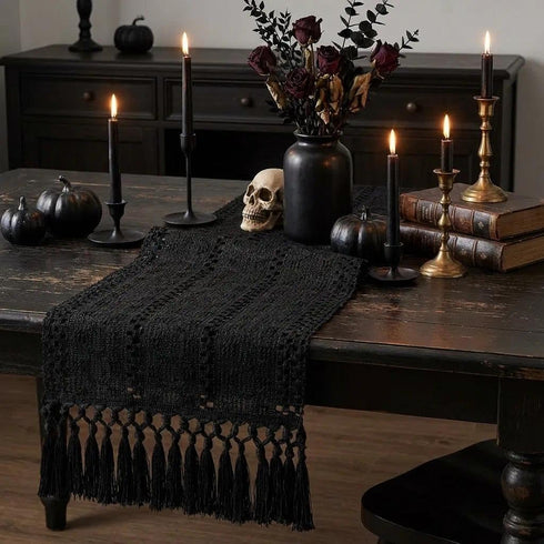 36 Inches, yuboo Black Table Runner Small Boho Macrame Coffee Bar Mat, Modern Farmhouse Dresser Scarf with Tassels
