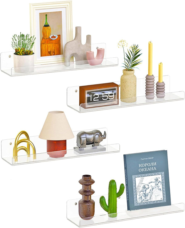 Dooiclear 4 Pack Floating Shelves for Wall, 15" Clear Book Shelf, Acrylic Floating