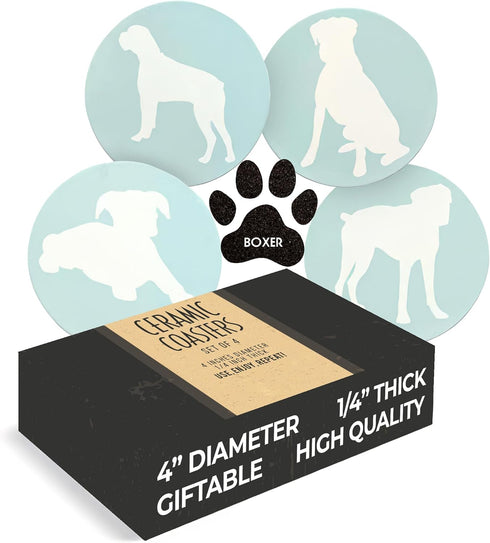 Greenline Goods Boxer Lovers Ceramic Drink Coasters, Set of 4 Dog Coasters with Cork Bottom and Metal Stand