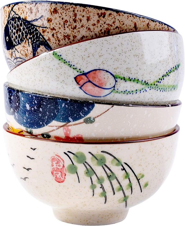 Japanese Retro Style Rice Bowl Set of 4 Porcelain Small Bowls for Cereal, Soup, Dessert, Snack