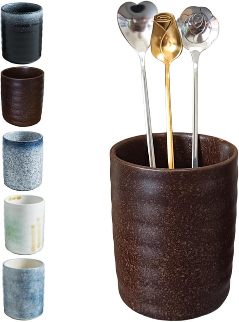 Stoneware Coffee Spoon Holder for Coffee Bar, Upright Teaspoon Holder for Coffee Stirrers, Rustic Retro Design