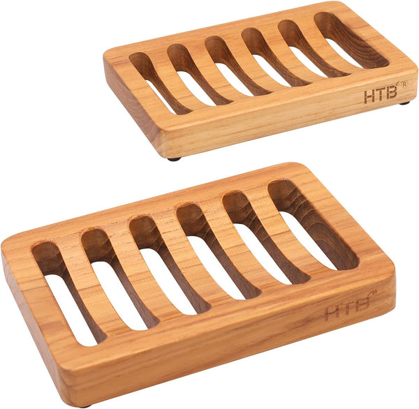 HTB Slotted Soap Dish 2 Pack Teak Wood, Self Draining Kitchen Sponge Holder for Shower, Sink, Bathroom