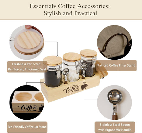 Set 3 Glass Coffee Canister with Shelf & Spoons - Piece Airtight Seal Coffee Bean Storage Containers & Filter Holder