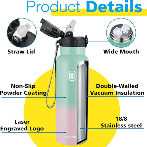 han's bottle 24 Oz, Sports Water Bottle - Straw Lid, Leak Proof, Vacuum Insulated Stainless Steel, Double Walled