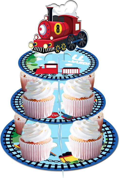 3-Tier Lide Road Train Cardboard Cupcake Stand - Birthday Party Supplies, Round Dessert Cake Tower for Train Theme Baby