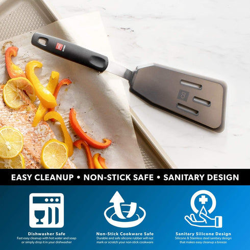 DI ORO Silicone Fish Spatula - Nonstick Cookware, 600°F Heat-Resistant, BPA Free, Slotted Thin Egg Flipper (Black)