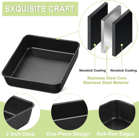 E-far 9x9 Baking Pan, Nonstick Square Cake Pan with Stainless Steel Core, Black Metal Bakeware for Brownies