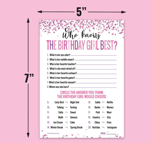 15 Who Knows The Birthday Girl Best Game Cards, Fun Activity for Child or Teen Birthday Party