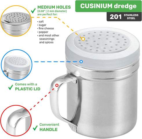 CUSINIUM Metal Salt Pepper Dredge Shakers, 10 Ounce, 2pcs with Handle, Seasonings Spice Shakers with Lids