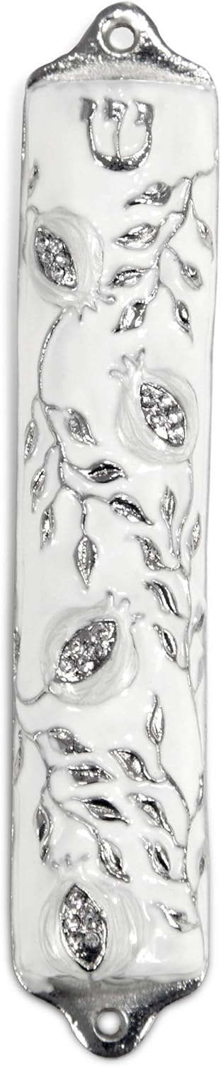 Mezuzah Case - Pomegranate Tree Design Crafted in Pewter, Jerusalem Judaica Door Mezuza Case, 4" White Wedding Color