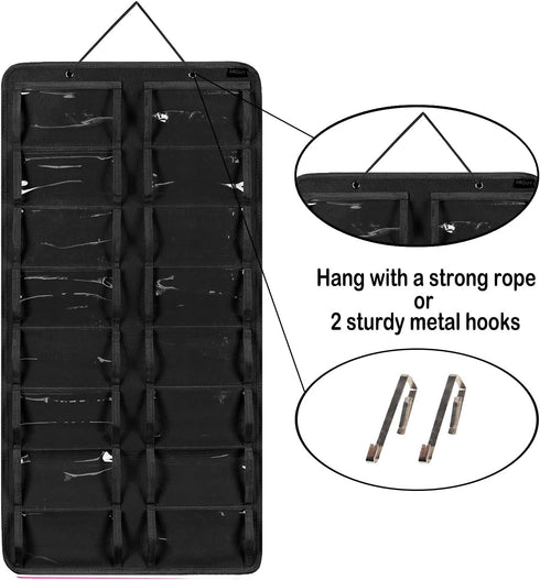 AROUY Sunglasses Organizer with 16 Felt Slots, Dust Proof Wall Pocket Glasses Holder, Black, Sturdy Rope and Metal Hook
