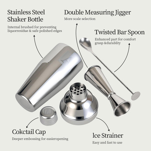 THECOSKY 24oz Set 1 oz 2oz Monogramm Set 304 Cocktail Shaker with Jigger - Initials Martini Shaker - Stainless Steel